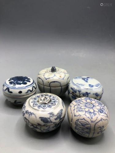 Group of Five Blue & White Make-up Boxes