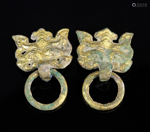 Pair of Chinese Gilt Mythical Animal Heads
