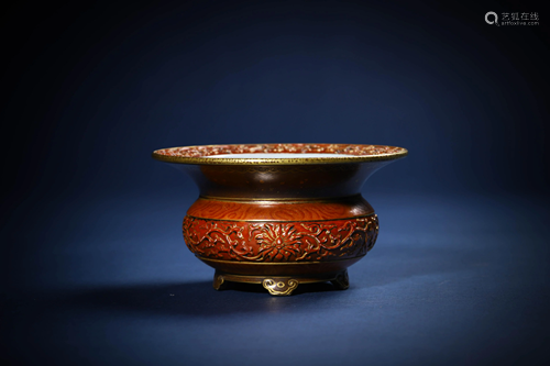 Chinese?Porcelain?Coral-Red-Glazed?and?Gilt-inlaid?Inte