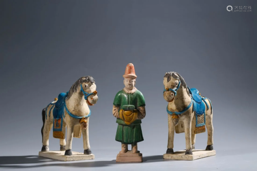A Set of Chinese Ceramics Horses and A Man