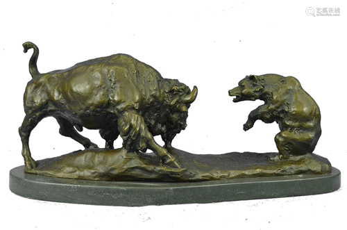 Barye Buffalo Bear Bronze Statue