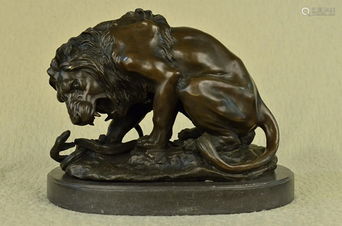 Barye Lion Snake Bronze Statue