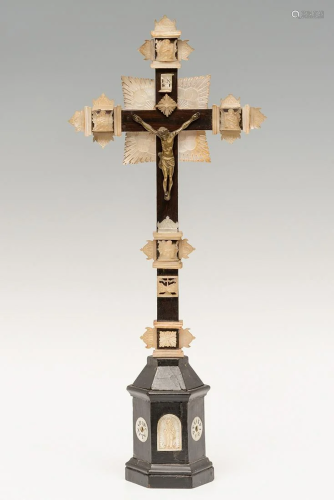 Holy land cross; 19th Century. Rosewood and carved