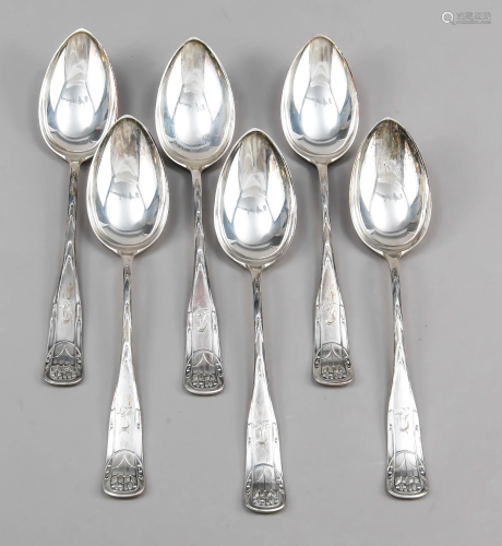 Six Art Nouveau dinner spoons,