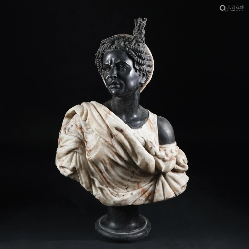 A black and veined white marble female bust of a moor