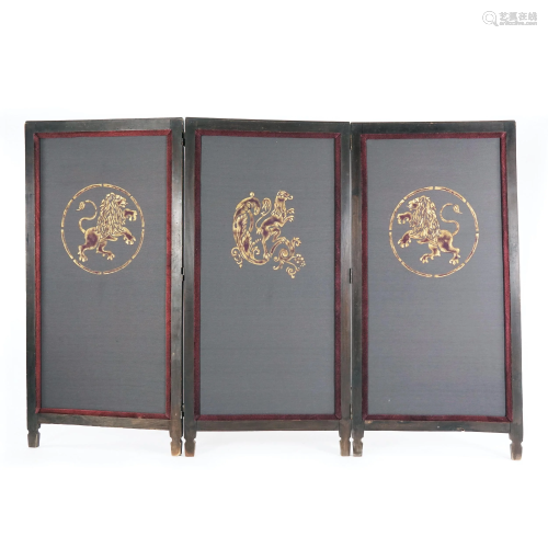 A Venetian ebonized wood and velvet three-panel screen