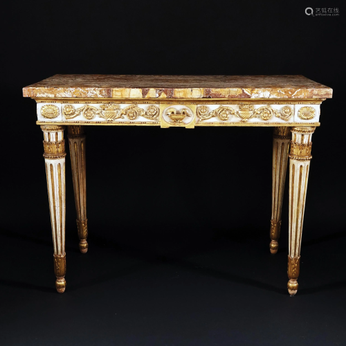 A white lacquered, carved and gilt wood console