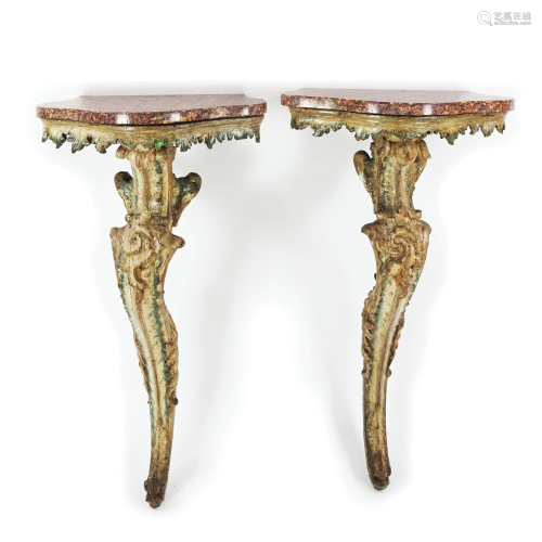 A pair of Genoese lacquered and carved small consoles