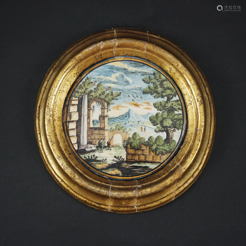 A Castelli polychrome maiolica round plate, 18th