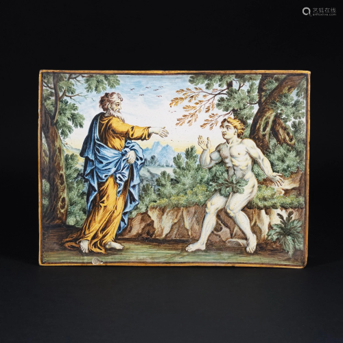 A Castelli polychrome maiolica plate with the Creation