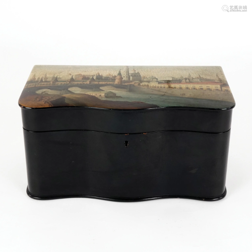 A black lacquered wood Russian tea caddy
