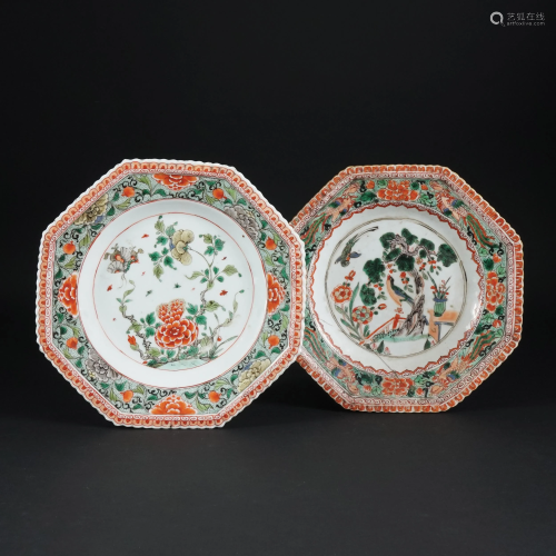 2 Chinese white and polychrome Famille Vert porcelain