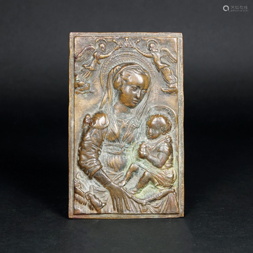 An antique patinated bronze small plate with The Virgin