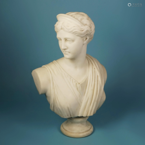 An antique white marble bust of Diana
