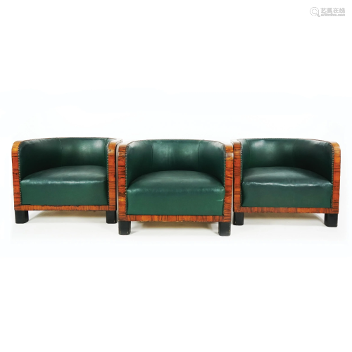 3 walnut venereed green leather covered armchairs, '40s