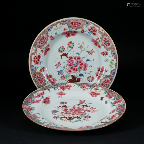 2 Chinese white and polychrome porcelain plates, 18th