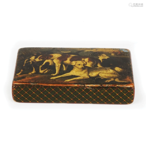 An English lacquered and painted wood snuff box, 19th
