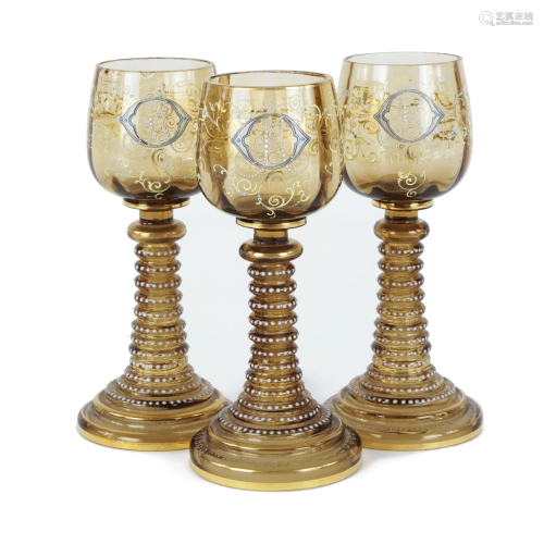 3 Murano amber and gilt glass glasses