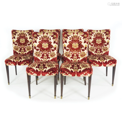 6 velvet coated mahogany chairs, '50s