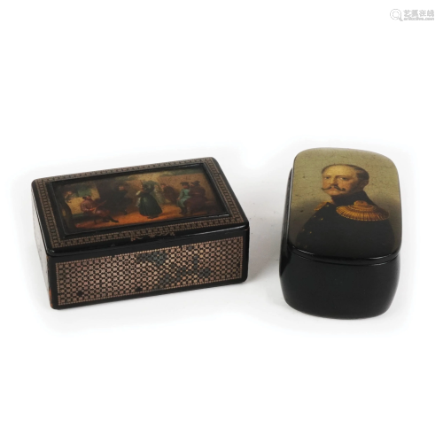 2 Russian lacquered and painted wood snuff boxes