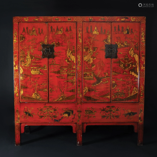 A Chinese red lacquered and painted with gilt