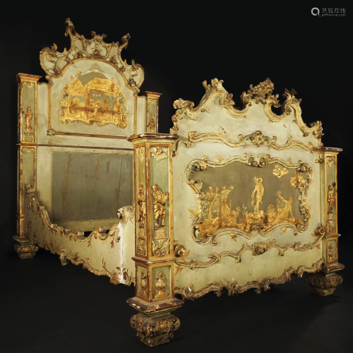 A Venetian green lacquered, gilt and carved doublr bed