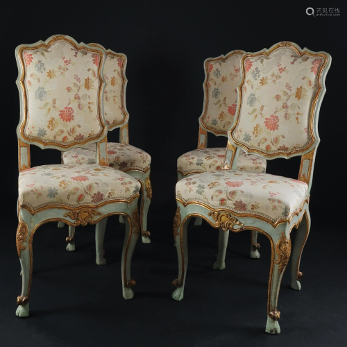 4 Piedmontese lacquered and gilt wood chairs, 18th