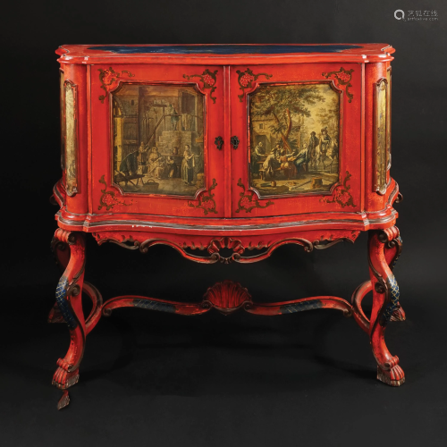 A red lacquered commode decorated with prints, 19th