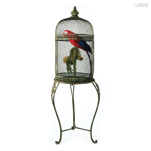 A metal cage containing a parrot