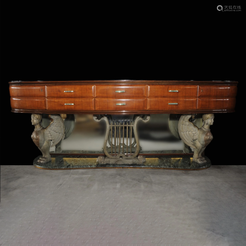 An Italian walnut venereed and marble sideboard