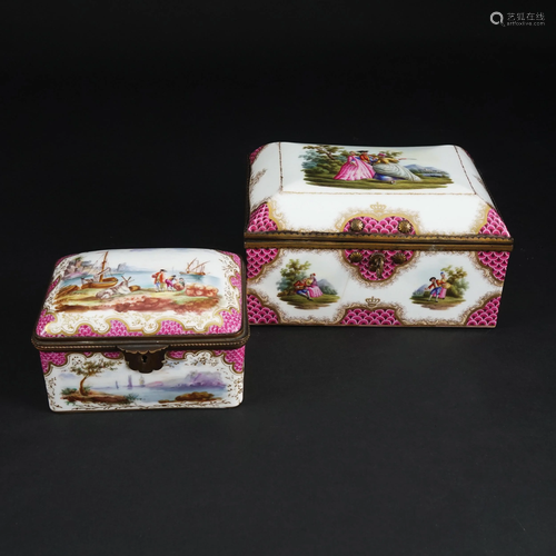 2 French white and polychrome porcelain caskets, 19th