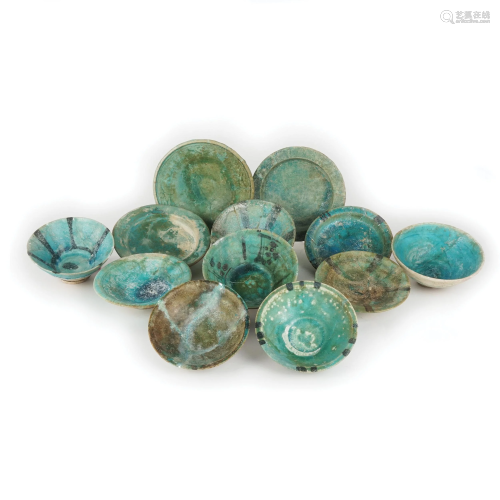 12 antique Asiatic green glazed terracotta bowls