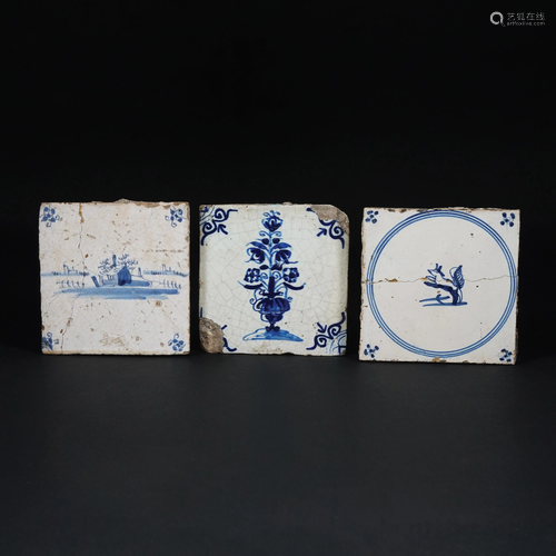 3 antique Dutch white and blue maiolica square tiles