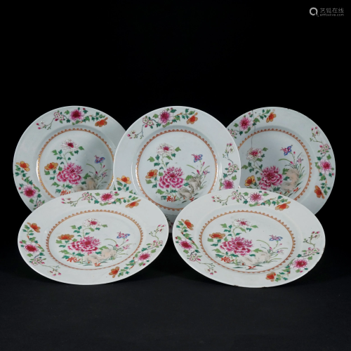 5 Chinese white and polychrome porcelain plates, 18th