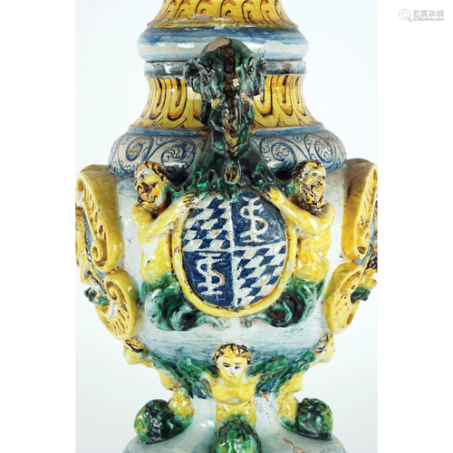 A large yellow, green and blue maiolica vase, 19th