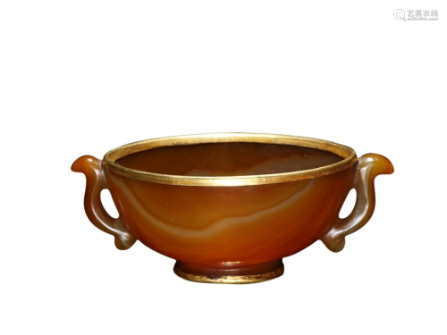 GILT COPPER MOUNTED AGATE CUP WITH HANDLES