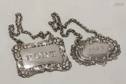 Two English Sterling Silver Decanter Labels,