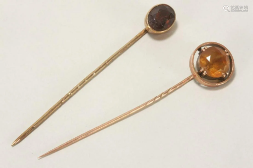 Two Victorian Quartz and 9ct Gold Stick Pins,