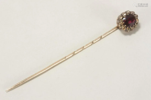 Victorian Gold, Diamond and Red Stone Stick Pin,