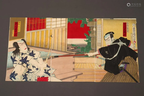 Original Japanese Woodblock Triptych by Kunichika,