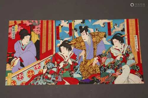 Original Japanese Woodblock Triptych by Chikanobu