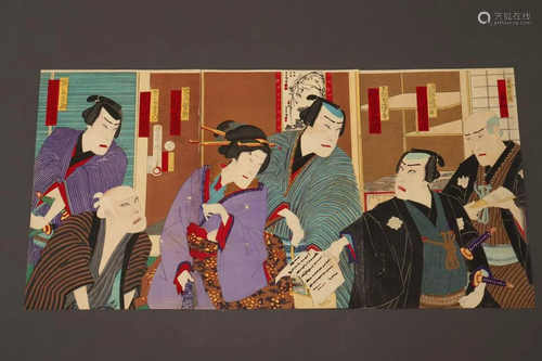 Original Japanese Woodblock Triptych by Kunichika,