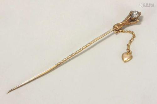 Unusual Gold Eagle Claw and Diamond Stick Pin,