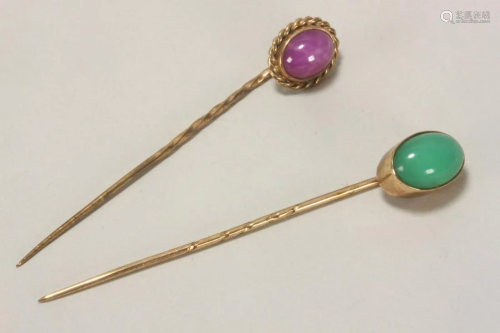 Two Gold and Coloured Stone Stick Pins,