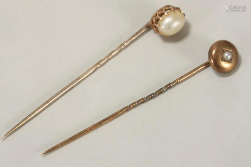 Two Gold and Pearl Stick Pins,