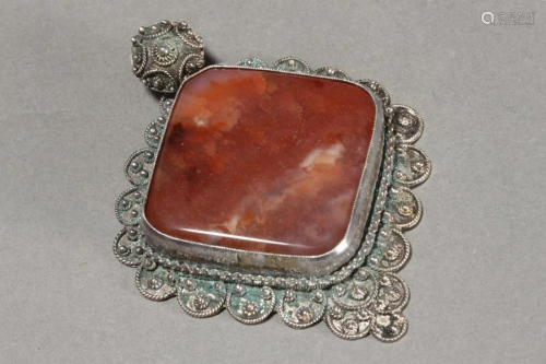 Large Silver Filigree and Agate Brooch,
