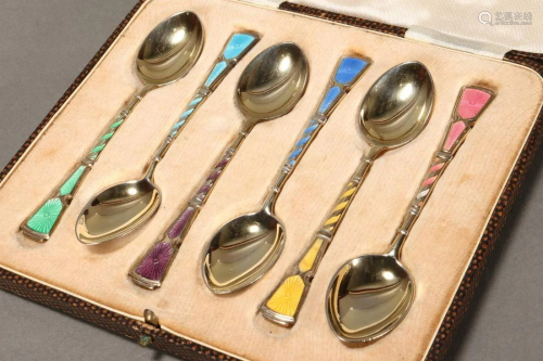 Six Sterling Silver and Guilloche Coffee Spoons,