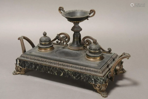 French Empire Style Marble & Brass Inkwell,