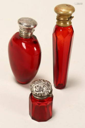Three 19th Century Ruby Glass Scent Bottles,