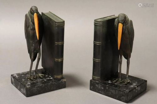 Pair of Art Deco Bronze Marabou Bookends, c.1920,